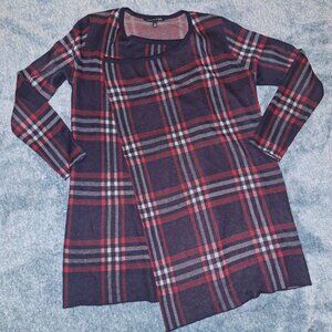 Signature Studio Plaid Long Sleeve Cardigan Medium Red/Black Acrylic Mid-thigh
